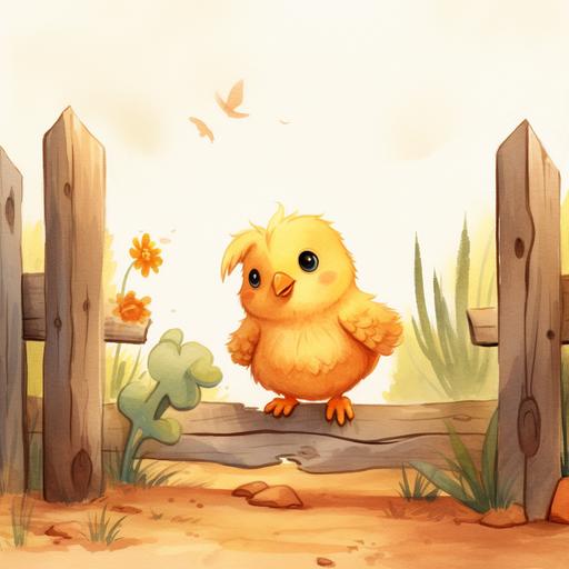 illustration book cover. yellow chickabiddy in sand. garden with wooden fence. watercolor cartoon style