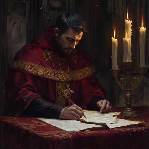 illustration by Alan Lee and Jae Lee, young priest man with red tunic with gold Embroidery and black hairs and short beard - reading architectural paperplan on the table - Candles lighting scene - secret and gothic atmosphere, mist - Mystic lighting - oil painting, hyper realistic, fantasy with insane details dawn color graded using pencil, fine lines, FINE BRUSHTROKES, SUBDUED. lomography, moody lighting, dynamic contrast, hyper detailed, exquisite detail, hdr, deep shadows, 16k, --v 6.0
