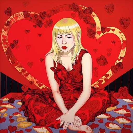 illustration by tadanori yokoo of a blonde asian woman, wearing heavy makeup, smudged eyeliner from crying, sitting on a heart shaped bed, in a red elegant room, she has a dress made of sequin hearts but looks sad --v 5