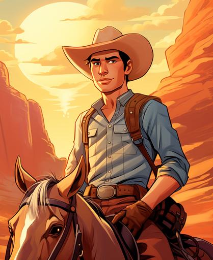illustration, cowboy on horse, in canyon, cartoon style, medium detail --ar 9:11