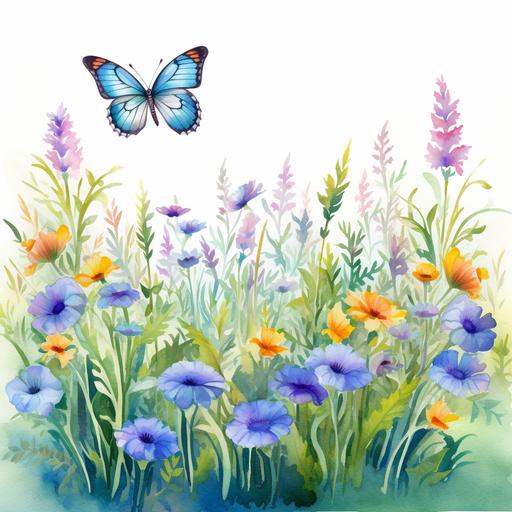 illustration flowery field with butterflies. watercolor cartoon style