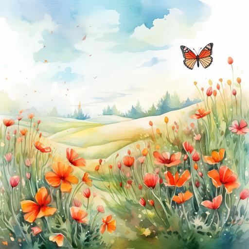 illustration flowery field with butterflies. watercolor cartoon style