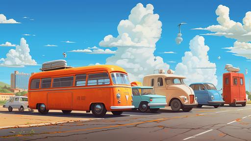 illustration for a children's book. a parking lot for old cars, a large orange bus on the right, an ambulance and a truck on the left, there are a lot of different old cars around. day, blue sky --ar 16:9