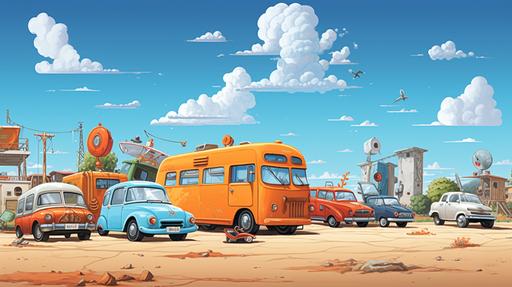illustration for a children's book. a parking lot for old cars, a large orange bus on the right, an ambulance and a truck on the left, there are a lot of different old cars around. day, blue sky --ar 16:9