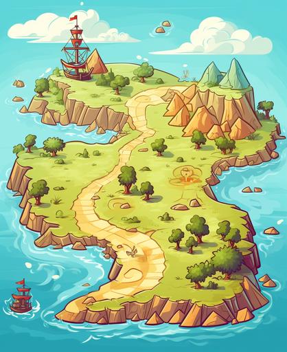 illustration for kids, treasure map, cartoon style, thick lines, low detail, color, --ar 9:11