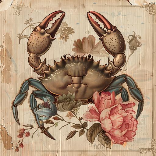 illustration for the cancer zodiac sign, cute crab with flowers in claws, vintage style, newspaper illustrations, classic americana--ar 7:5
