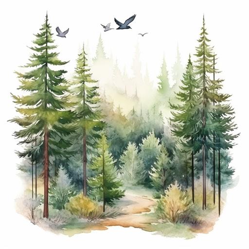 illustration forest trees, pine tree, birds. watercolor cartoon style