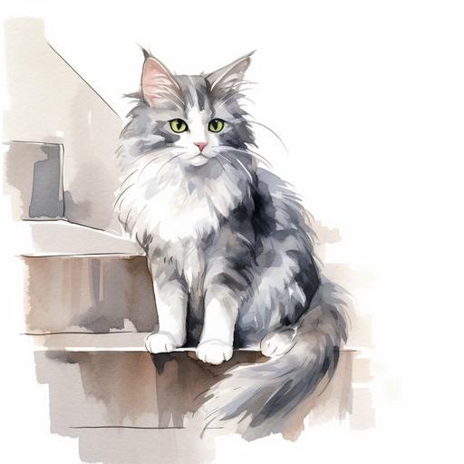 illustration grey cute cat with huge white whiskers. sitting on oustide stairs. watercolor cartoon style