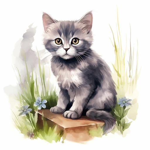 illustration grey short hair cute cat with huge white whiskers. sitting on oustide stairs. grass. watercolor cartoon style