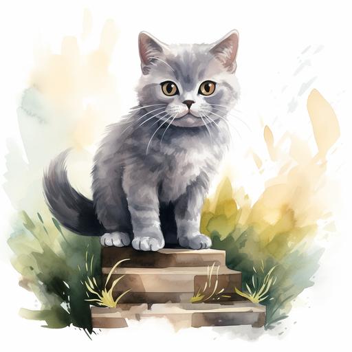 illustration grey short hair cute cat with huge white whiskers. sitting on oustide stairs. grass. watercolor cartoon style