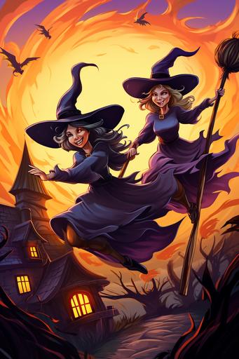 illustration, halloween witches flying on the brooms, cartoon style, thick lines, low detail, vivid color --ar 6:9