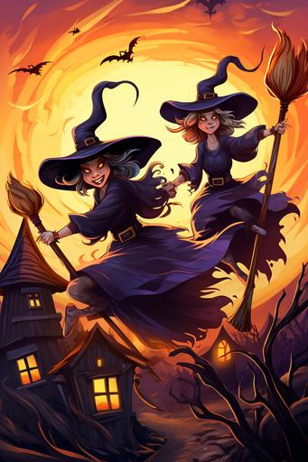 illustration, halloween witches flying on the brooms, cartoon style, thick lines, low detail, vivid color --ar 6:9