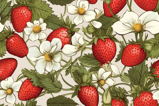 illustration, handcolored natural strawberry with strawberrys blossom --tile --ar 3:2