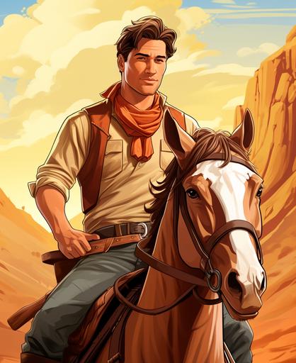 illustration, handsome cowboy on horse, in canyon, cartoon style, medium detail --ar 9:11