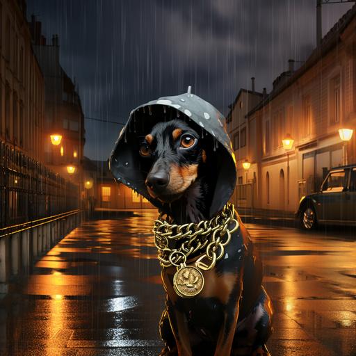 illustration hyper realistic of a pincher dog , suspicious expression, rainy mood, urban context, evening time, add golden chain with dollar symbol