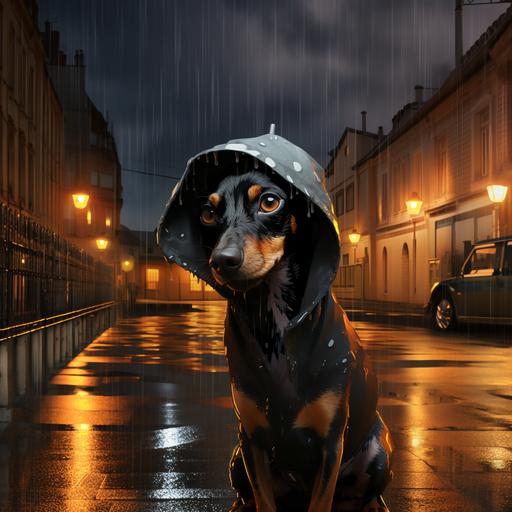 illustration hyper realistic of a pincher dog , suspicious expression, rainy mood, urban context, evening time