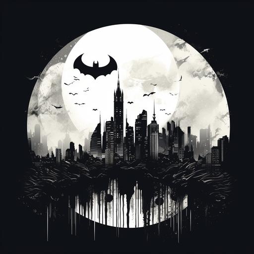 illustration in black white gotham skyline with moon with batman logo