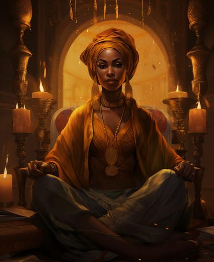 illustration, light skinned african goddess marie laveau, she is sitting in a fancy gold chair with a snake wrapped around her neck, She is surrounded by lit candles and her hair is wrapped in a headwrap, fantasy style, detailed, vivid color --ar 9:11