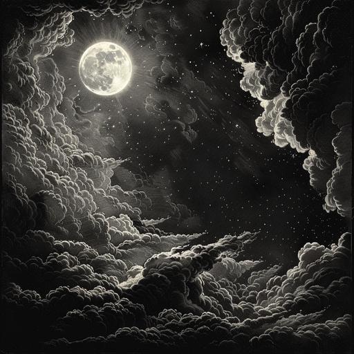 illustration of A sky with clouds, a moon, at night, Gustave Doré engraving style