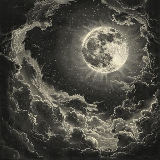 illustration of A sky with clouds around the moon, at night, Gustave Doré engraving style