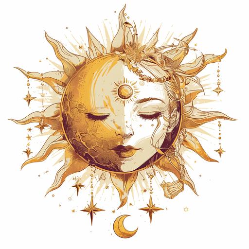 illustration of a boho beautiful celestial sun. On a white background where the background will be removed to repurpose as a clipart. A lovely and gentle style, hand-drawn style, refined illustration, rich details, on white background --niji 6