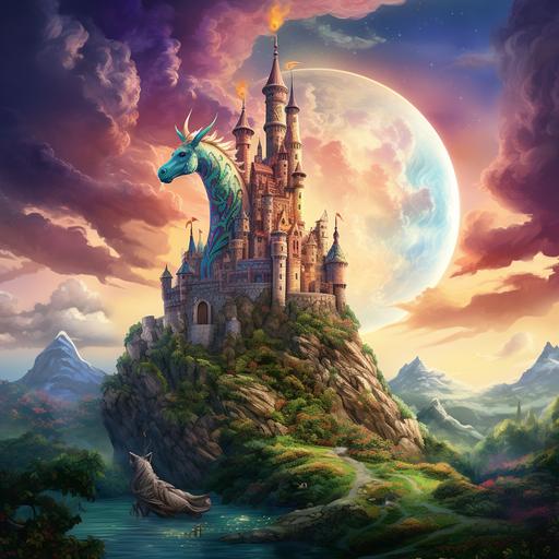 illustration of a castle up on a hill with a Dragon flying, up close, in the sky and a magical Unicorn small on the ground, The castle should have an african like feel to it.