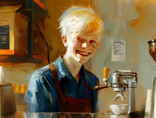 illustration of a chidlrens book, teenage albino guy nineteen, blue shirt, as a barista behind coffee machine, bright smile, is so pale that you can see his natural eyes are red eyes, a wide smile. His appearance is striking and noticeable, and he often sports an unconventional sense of style that reflects his artistic nature, amant, portrait, light atmosphere, Alex katz, oil painting, pastel background, regular beautiful face --ar 4:3