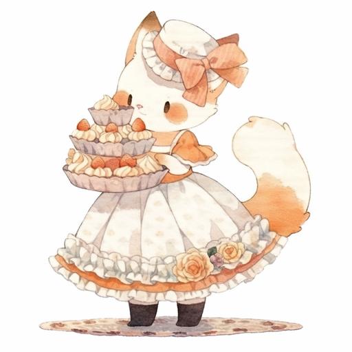 illustration of a cute cat dress up as a pastry chef baking cupcakes. On a white background, rich details, refined illustration, --niji 5 --style cute