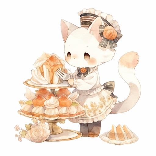 illustration of a cute cat dress up as a pastry chef making cupcakes. On a white background, rich details, refined illustration, ghibli style --niji 5 --style cute