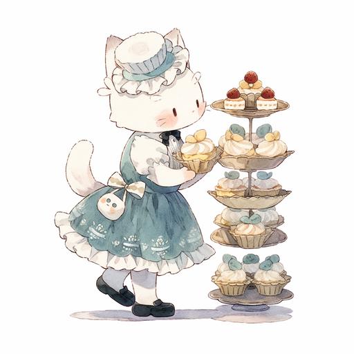 illustration of a cute cat dress up as a pastry chef making cupcakes. On a white background, rich details, refined illustration, ghibli style --niji 5 --style cute