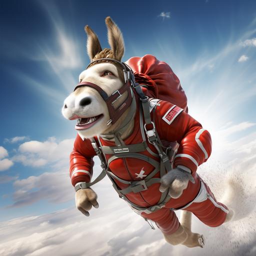 illustration of a donkey wearing a red and white skydiving suit, parachutting out of the sky with an open parachute, canon eos 5d mark iv, unreal engine, hyper-realistic-illustration