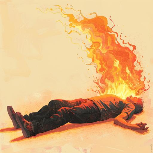 illustration of a full-length man lying on his back his head is on fire
