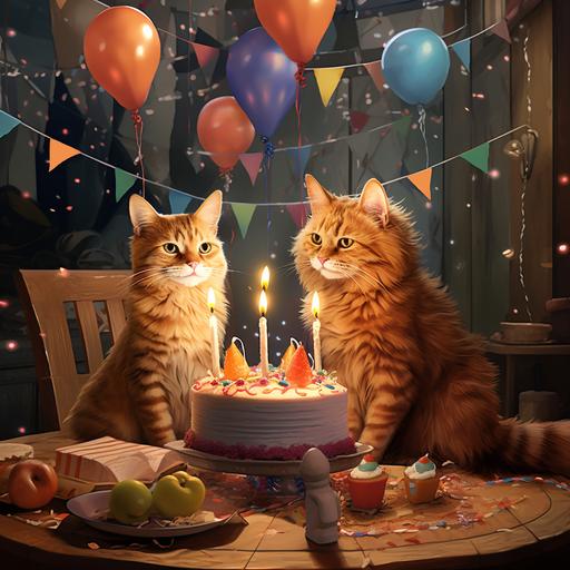 illustration of a ginger cat and a grey cat at a birthday party with cake in foreground