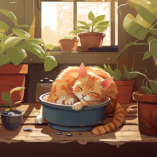 illustration of a lazy cute cat sleeping inside a house laying on the floor with a bowl of milk nearby