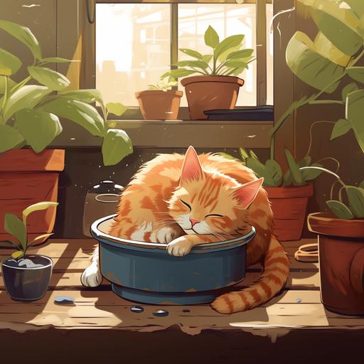 illustration of a lazy cute cat sleeping inside a house laying on the floor with a bowl of milk nearby