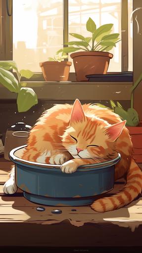 illustration of a lazy cute cat sleeping inside a house laying on the floor with a bowl of milk nearby --ar 9:16