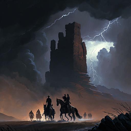illustration of a plains landscape in a thunderstorm with the silhouette of five riders in leather armor, three men and two women on horses, and a stone tower in the distance