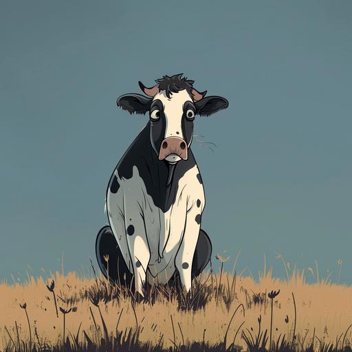 illustration of a sad cow, soulful expression, in the style of hand-drawn animation, simplistic cartoon, gigantic scale, in the style of jean jullien,, traditional animation, 4k, hand-coloring, minimalist pen drawings, sparse backgrounds, frontal perspective, gigantic scale