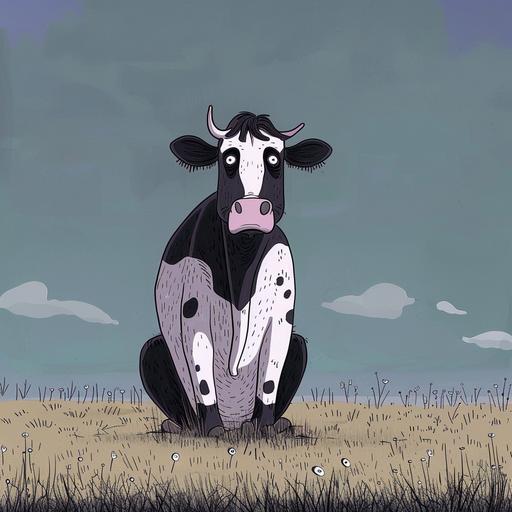 illustration of a sad cow, soulful expression, in the style of hand-drawn animation, simplistic cartoon, gigantic scale, in the style of jean jullien,, traditional animation, 4k, hand-coloring, minimalist pen drawings, sparse backgrounds, frontal perspective, gigantic scale, spring colors