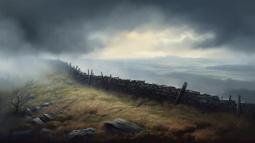 illustration of a tall stone fence standing atop a hill, facing a foggy valley, the sky is filled with black clouds, weather is changing at the horizon, dramatic thudersky,detailed inc, somber atmosphere --ar 16:9 --q 2 --v 5