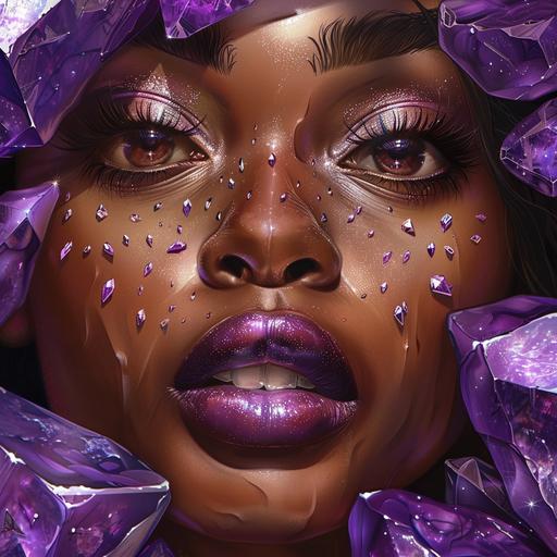 illustration of african american woman's face close up, her face is surrounded by purple amethyst stones, she is wearing purple lipstick, same shade as the amethyst. She has beautiful brown eyes, long lashes and very smooth skin.