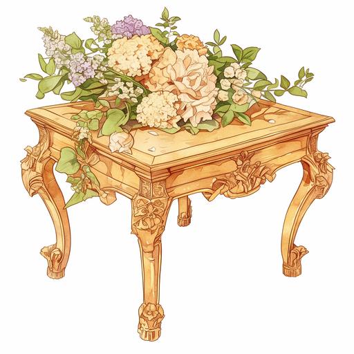 illustration of an exquisite boho low wooden table decorated with boho flowers on top. On a white background where the background will be removed to repurpose as a clipart. A lovely and gentle style, hand-drawn style, refined illustration, rich details, on white background --niji 6