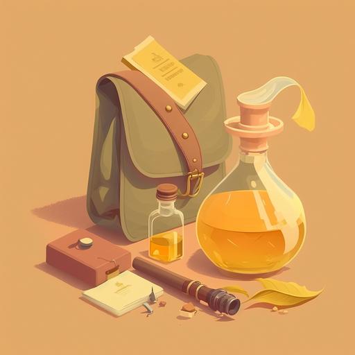 illustration of an old-fashioned tobacco pipe, a bag with open files, a liquor bottle and a glass , pastel colors in shades of yellow to create a soft and elegant look, minimalist design illustration children's book --v 4