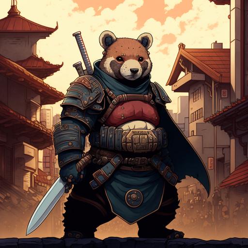illustration of bear in samurai armour with a shotgun, cartoon, city background