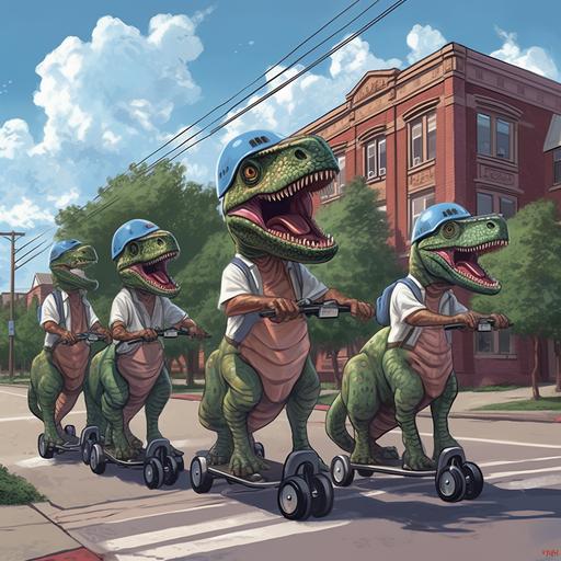 illustration of five nice t-rex's wearing helmets while on a segway tour of chicago