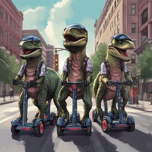 illustration of five t-rex's wearing helmets on a segway tour of chicago