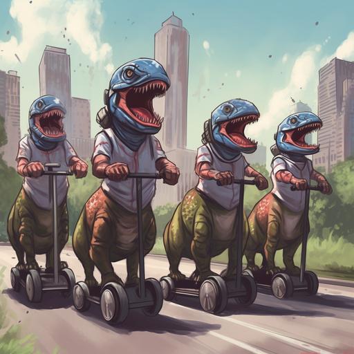 illustration of five t-rex's wearing helmets on a segway tour of chicago