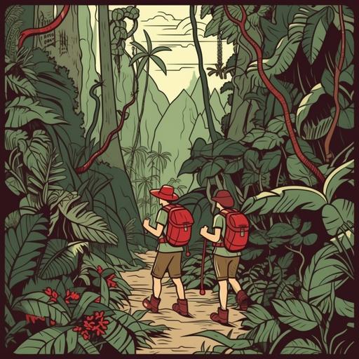illustration of hikers in the national park jungle with wild flowers and plants. cartoon drawing. vintage comix style