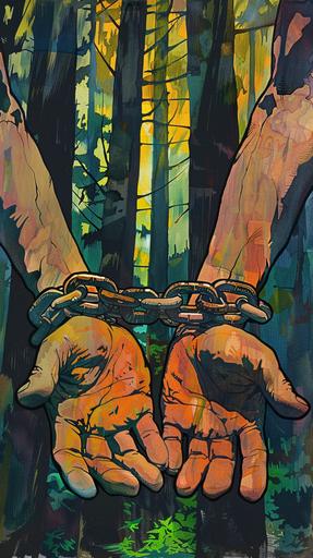 illustration of [the man is bound in chains; the man's hands are shackled; in the background of the forest; bright colors] style of illustrations Dorothea --ar 9:16