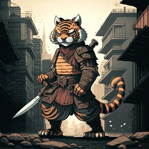 illustration of tiger in samurai armour with a axe, cartoon, city background